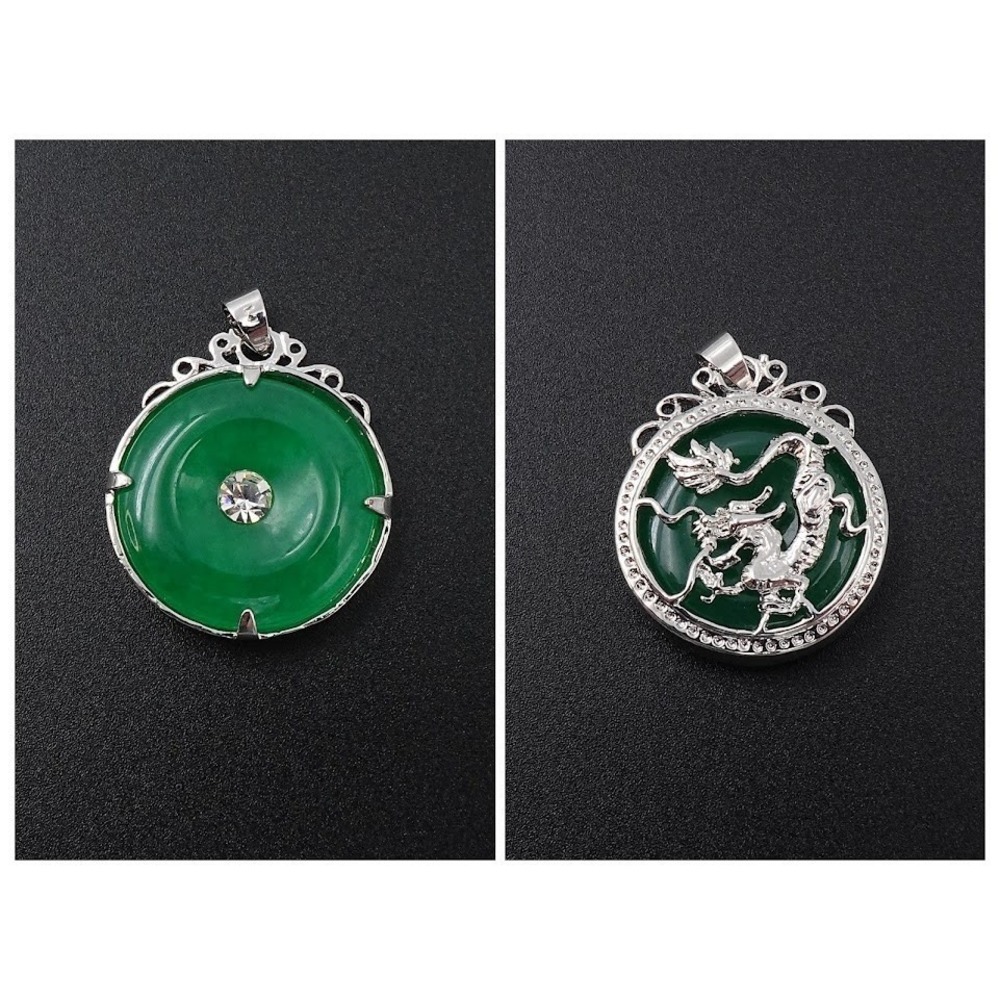 Silver‎ Tone Dragon Pendant Green Reversible Clear Rhinestone Asian